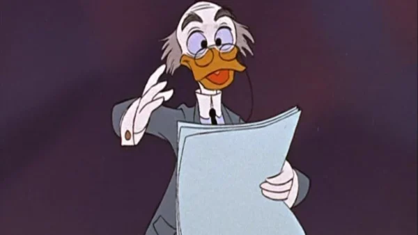 Un personnage animé ressemblant à Donald Duck, portant une blouse de laboratoire et des lunettes, lisant avec enthousiasme sur une grande feuille de papier.