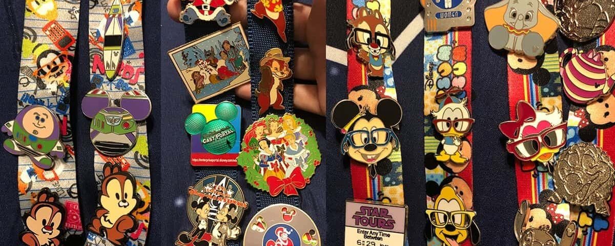 Un collage de diverses épingles colorées sur le thème de Disney, y compris des personnages comme Mickey Mouse et Star Wars, affichées sur des cordons pour l'échange d'épingles. Chaque section présente un ensemble unique d'épingles à collectionner.