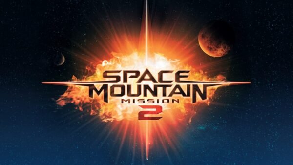 Une affiche vibrante pour « Space Mountain Mission 2 » avec un fond cosmique explosif mettant en vedette des étoiles, des planètes et une explosion de feu, mettant en valeur le thème de l'aventure du manège.