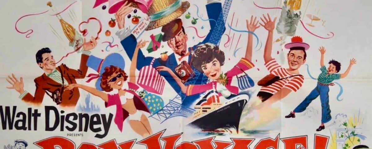 Une affiche vintage colorée pour « Bon Voyage ! » de Walt Disney mettant en vedette des personnages et des acteurs animés dans des scènes animées, avec des textes et des motifs festifs mettant l'accent sur le voyage et l'aventure.