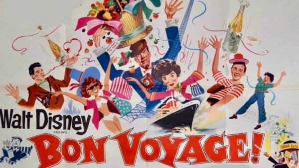 Une affiche vintage colorée pour « Bon Voyage ! » de Walt Disney mettant en vedette des personnages et des acteurs animés dans des scènes animées, avec des textes et des motifs festifs mettant l'accent sur le voyage et l'aventure.