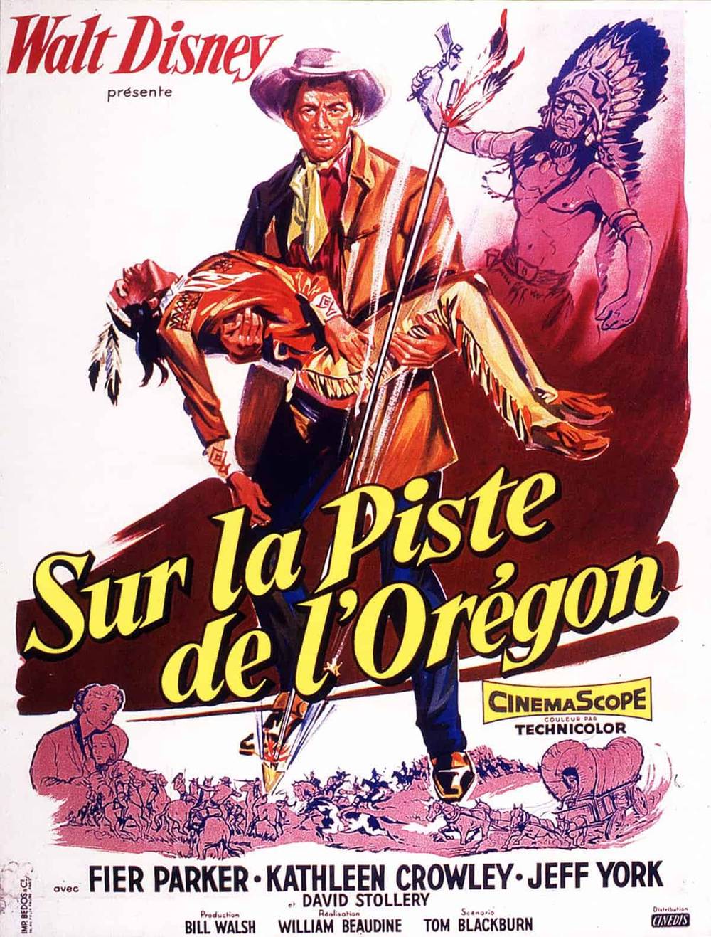 Affiche du film vintage pour "sur la piste de l'oregon" présentant des illustrations vives d'un homme skiant et d'un autre homme pointant du doigt, tous deux vêtus de vêtements d'époque, avec des tons rouge et orange spectaculaires.