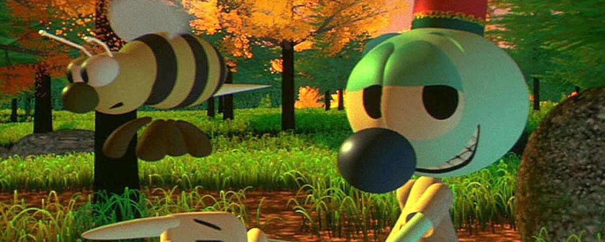 Une scène animée en 3D rappelant Fantasia 2000 avec un personnage vert portant un haut-de-forme rouge et des gants blancs, souriant à une abeille volant à côté d'eux dans un automne aux couleurs vives.