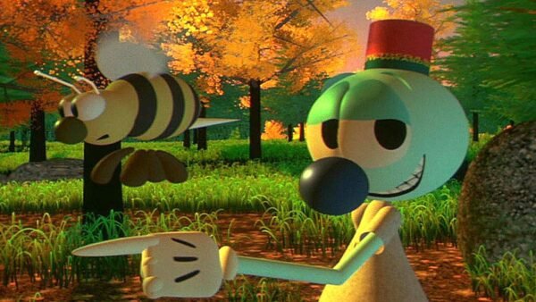 Une scène animée en 3D rappelant Fantasia 2000 avec un personnage vert portant un haut-de-forme rouge et des gants blancs, souriant à une abeille volant à côté d'eux dans un automne aux couleurs vives.
