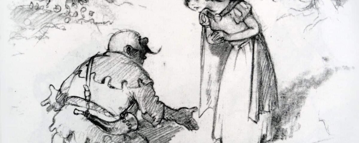Un croquis au crayon, inspiré par Albert Hurter, représentant une scène avec une jeune fille vêtue d'une robe debout face à une créature fantastique ressemblant à une naine dans une zone boisée, toutes deux semblant être en conversation.
