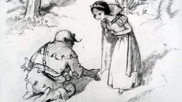 Un croquis au crayon, inspiré par Albert Hurter, représentant une scène avec une jeune fille vêtue d'une robe debout face à une créature fantastique ressemblant à une naine dans une zone boisée, toutes deux semblant être en conversation.