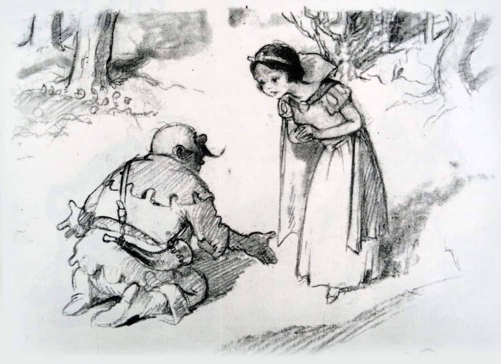 Un croquis au crayon, inspiré par Albert Hurter, représentant une scène avec une jeune fille vêtue d'une robe debout face à une créature fantastique ressemblant à une naine dans une zone boisée, toutes deux semblant être en conversation.