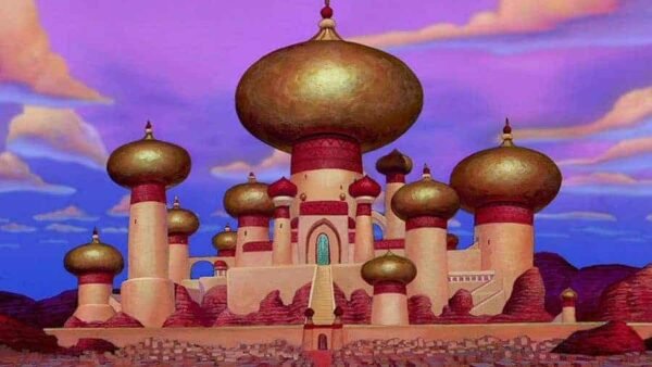 Illustration d'un palais fantastique avec des dômes dorés et roses sur un ciel crépusculaire, présentant un décor orné du Moyen-Orient rappelant un palais de conte de fées.