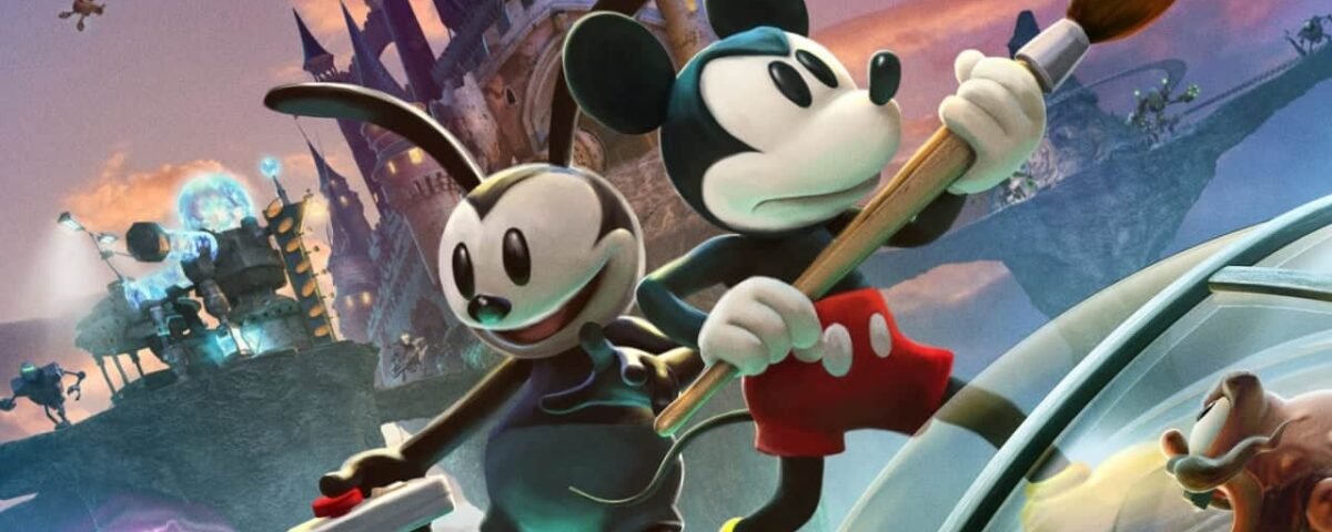 Mickey Mouse et Oswald le lapin chanceux se tiennent côte à côte, chacun tenant un pinceau magique, avec un fond fantastique légèrement sombre mettant en vedette divers éléments et personnages inspirés d'Epic Mickey.