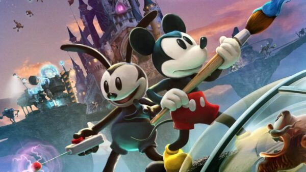 Mickey Mouse et Oswald le lapin chanceux se tiennent côte à côte, chacun tenant un pinceau magique, avec un fond fantastique légèrement sombre mettant en vedette divers éléments et personnages inspirés d'Epic Mickey.