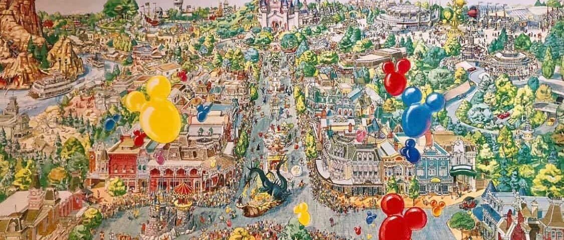 Illustration aérienne colorée du parc à thème Euro Disneyland, présentant des représentations vibrantes de manèges, d'attractions et de monuments, avec des ballons de style dessin animé au premier plan.