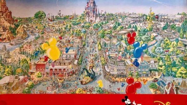 Illustration aérienne colorée du parc à thème Euro Disneyland, présentant des représentations vibrantes de manèges, d'attractions et de monuments, avec des ballons de style dessin animé au premier plan.