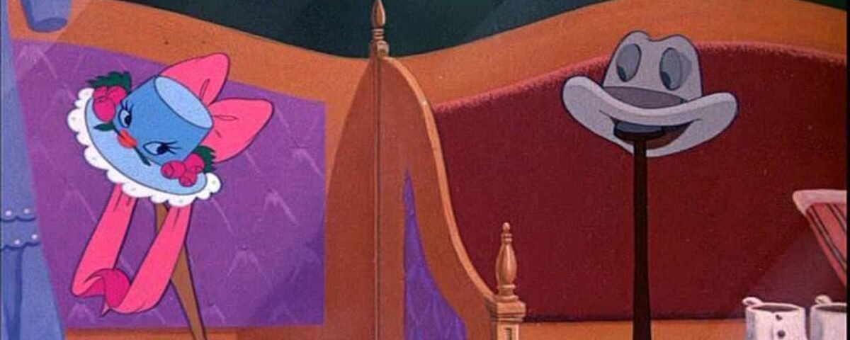 Une image de bande dessinée représentant une lampe anthropomorphe et un porte-chapeau se souriant, dans une pièce cosy au décor coloré et un soupçon de "la boîte à musique" en arrière-plan.