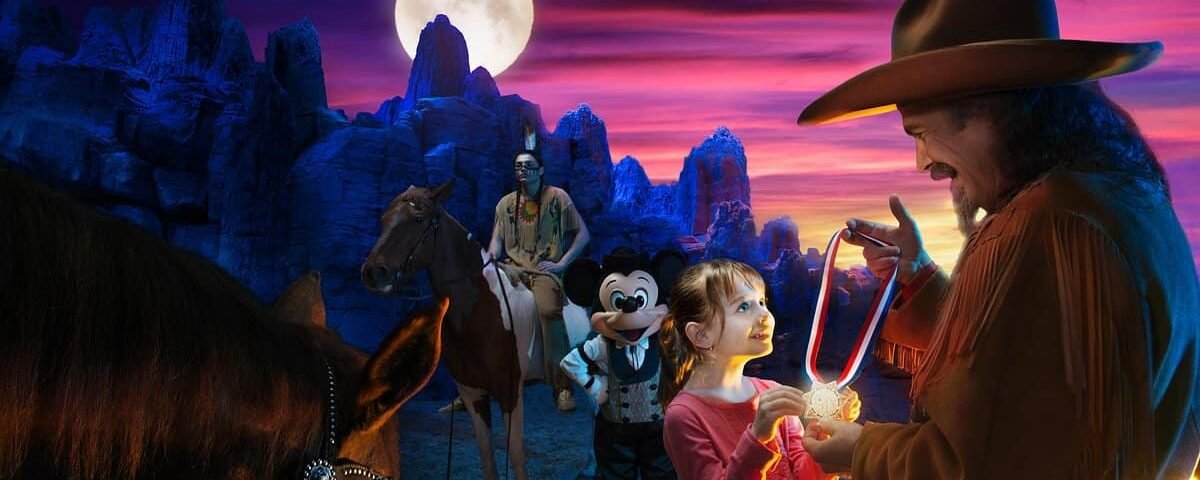 Une scène fantastique avec une fille interagissant avec un cow-boy sous un ciel dramatique au clair de lune, inspirée de "la légende de Buffalo Bill", entourée de personnages fictifs dont Mickey Mouse et un Amérindien sur