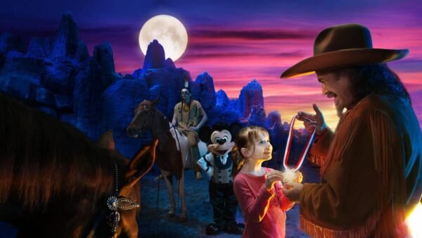 Une scène fantastique avec une fille interagissant avec un cow-boy sous un ciel dramatique au clair de lune, inspirée de "la légende de Buffalo Bill", entourée de personnages fictifs dont Mickey Mouse et un Amérindien sur