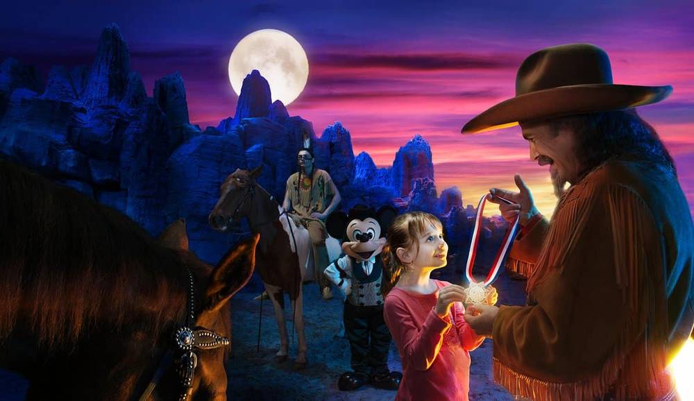 Une scène fantastique avec une fille interagissant avec un cow-boy sous un ciel dramatique au clair de lune, inspirée de "la légende de Buffalo Bill", entourée de personnages fictifs dont Mickey Mouse et un Amérindien sur