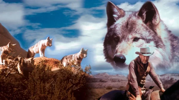 Une image composite représentant des loups réalistes sur un paysage rocheux et la tête fantomatique d'un loup plus grand, intitulée "La légende de Lobo", avec un cow-boy montant à cheval au premier plan sur un fond