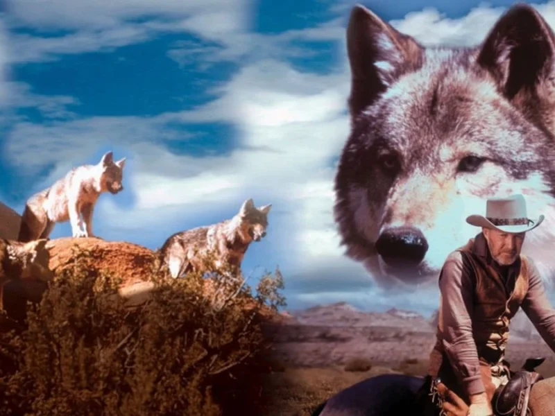 Une image composite représentant des loups réalistes sur un paysage rocheux et la tête fantomatique d'un loup plus grand, intitulée "La légende de Lobo", avec un cow-boy montant à cheval au premier plan sur un fond