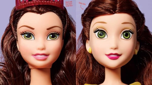 Comparaison rapprochée de deux poupées princesse Mattel aux traits faciaux uniques, l'une portant une couronne rose et l'autre ornée d'une robe jaune, toutes deux présentant des yeux détaillés et des cheveux bruns ondulés.
