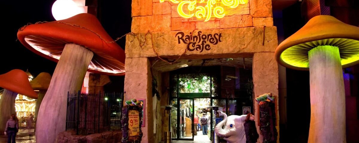 L'entrée du Rainforest Café la nuit, avec une arche en pierre et une enseigne au néon, flanquée de grandes sculptures de champignons et de décorations sur le thème tropical.