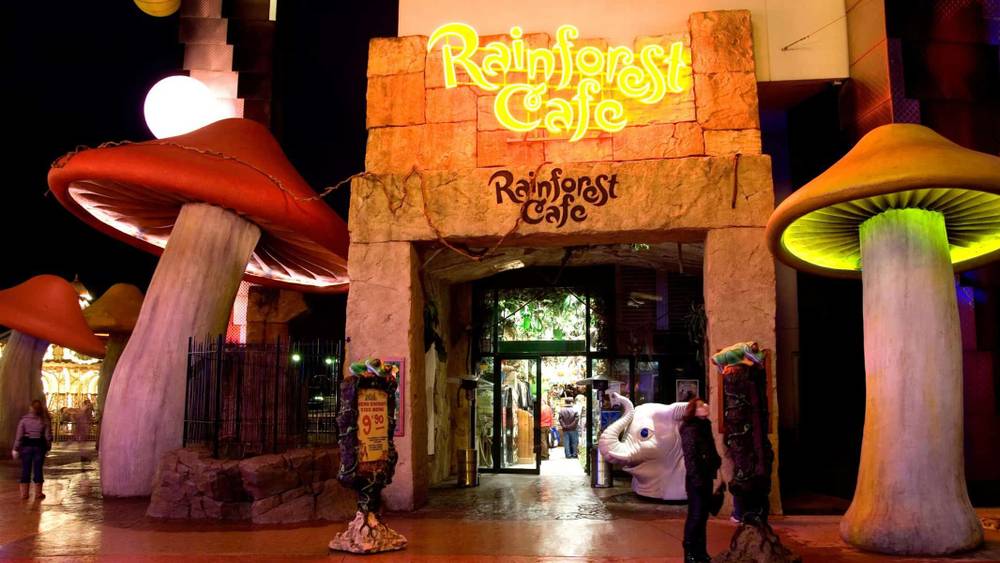 L'entrée du Rainforest Café la nuit, avec une arche en pierre et une enseigne au néon, flanquée de grandes sculptures de champignons et de décorations sur le thème tropical.