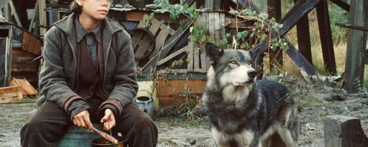 Un jeune portant une casquette et un manteau est assis à côté d'un gros chien sous une structure en bois, tenant un bâton et regardant au loin, évoquant une ambiance réfléchie ou contemplative rappelant N