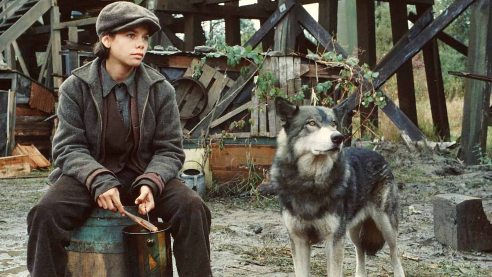 Un jeune portant une casquette et un manteau est assis à côté d'un gros chien sous une structure en bois, tenant un bâton et regardant au loin, évoquant une ambiance réfléchie ou contemplative rappelant N