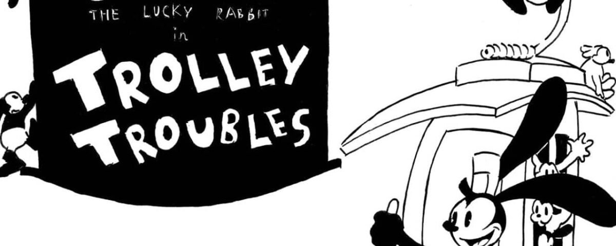 Illustration en noir et blanc représentant Oswald le lapin porte-bonheur, conduisant joyeusement un chariot, avec le titre "Oswald le lapin chanceux dans les problèmes de chariot" affiché ci-dessus.