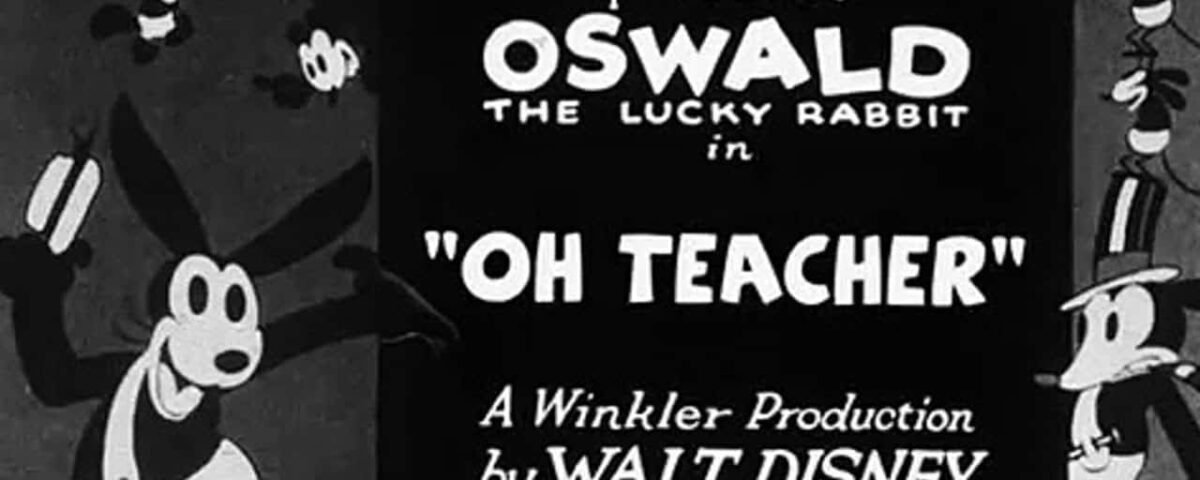 Un écran titre classique en noir et blanc pour le dessin animé "Oswald le lapin chanceux dans 'Oh Teacher'", présenté par Universal et une production Winkler de Walt Disney.