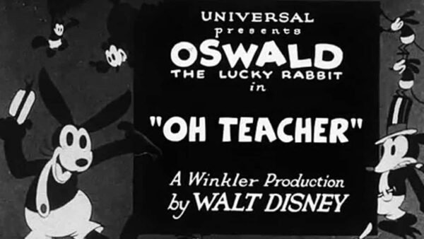 Un écran titre classique en noir et blanc pour le dessin animé "Oswald le lapin chanceux dans 'Oh Teacher'", présenté par Universal et une production Winkler de Walt Disney.