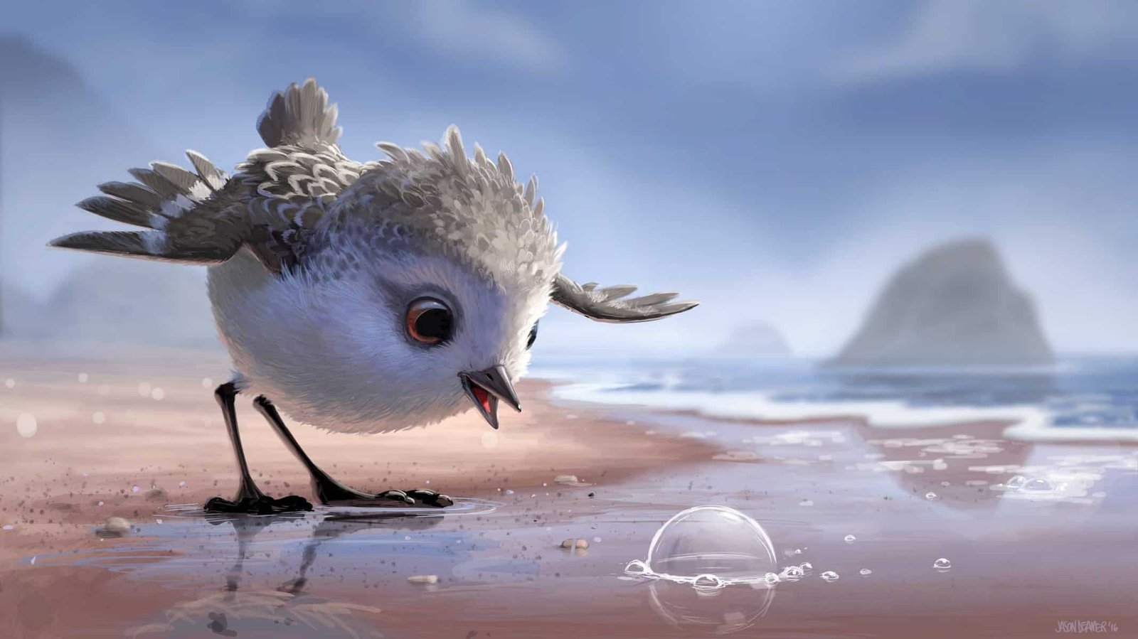 Illustration numérique représentant un oiseau mignon et moelleux avec de grands yeux et un corps à plumes examinant une petite bulle transparente sur une plage de sable, avec des vagues et des rochers lointains en arrière-plan, rappelant "Le Mon