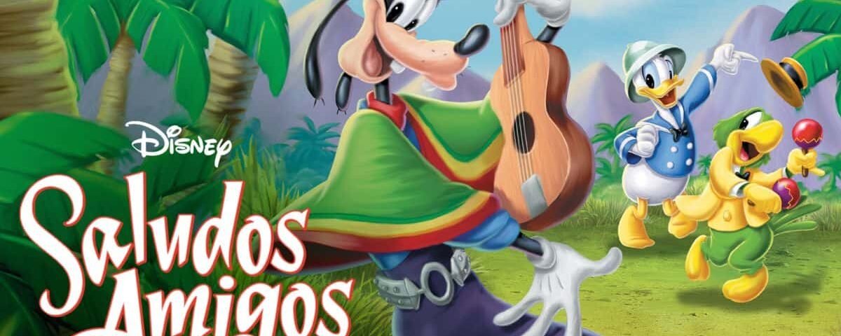 Image de "Saludos Amigos" de Disney mettant en vedette Dingo jouant de la guitare et Donald Duck avec José Carioca et un petit perroquet dansant joyeusement dans un décor de jungle.