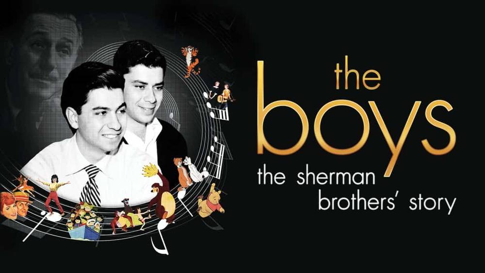 Graphique promotionnel pour « les garçons : l'histoire des frères Sherman », présentant des images des garçons avec un design circulaire fantaisiste rempli de personnages animés de leurs films.