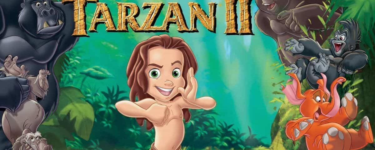 Illustration promotionnelle pour "Tarzan 2" de Disney montrant un jeune Tarzan avec une expression joyeuse, entouré de divers personnages animaux animés, sur fond de jungle luxuriante.