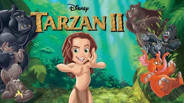 Illustration promotionnelle pour "Tarzan 2" de Disney montrant un jeune Tarzan avec une expression joyeuse, entouré de divers personnages animaux animés, sur fond de jungle luxuriante.