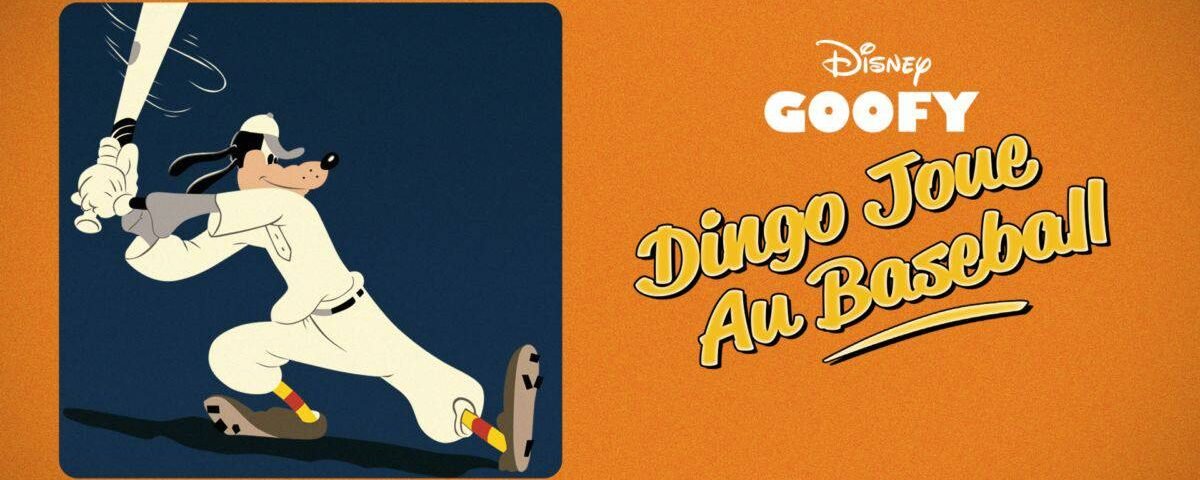 Illustration du personnage de Disney Dingo balançant une batte de baseball sur fond orange, avec le texte "dingo joue au baseball" en français, et le logo Disney dans le coin.