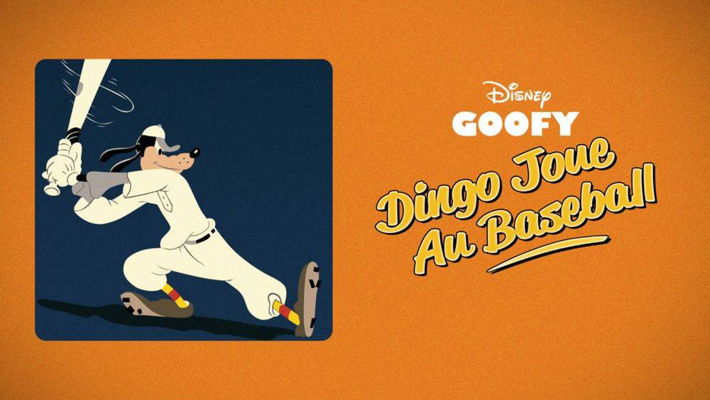 Illustration du personnage de Disney Dingo balançant une batte de baseball sur fond orange, avec le texte "dingo joue au baseball" en français, et le logo Disney dans le coin.