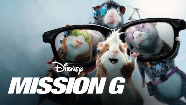 Image promotionnelle pour la "Mission G" représentant quatre cobayes animés en tenue d'espionnage jetant un coup d'œil par-dessus une paire de lunettes de soleil surdimensionnées sur un fond de ciel nuageux.