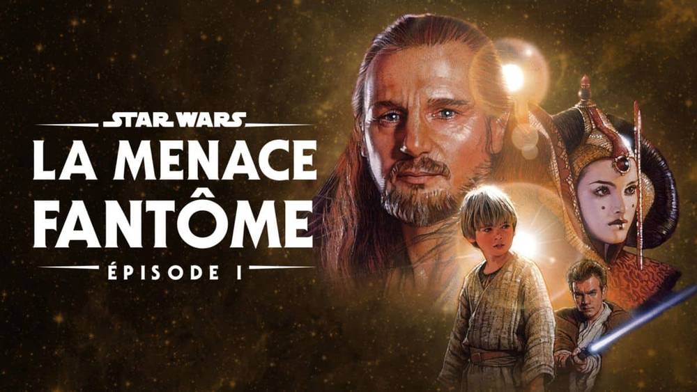 Image promotionnelle pour "Star Wars : Épisode I - La Menace Fantôme" mettant en vedette les personnages Qui-Gon Jinn, Anakin Skywalker, la reine Amidala et Obi-Wan Kenobi