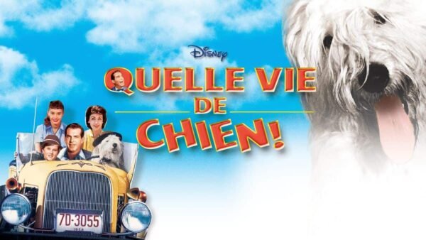 Affiche promotionnelle du film Disney "Quelle Vie de Chien !" avec un grand chien blanc et pelucheux au premier plan, avec trois personnes dans une voiture vintage sous un ciel bleu vif en arrière-plan