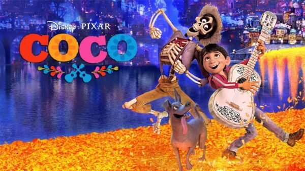 Image promotionnelle du film Disney-Pixar "Coco", mettant en vedette Miguel avec sa guitare, une figure squelettique, et Danny le petit mouton noir, sur fond vibrant d'un