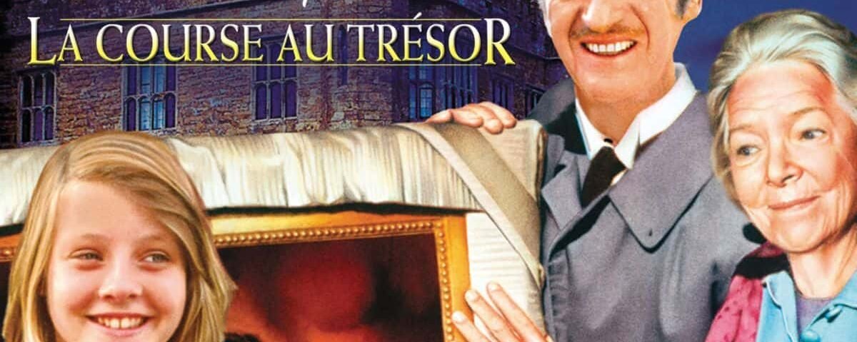Affiche promotionnelle de "La Course au Trésor" mettant en scène une jeune fille souriante, un homme âgé et une femme près d'un château, avec l'image d'un tableau tenu par la jeune fille