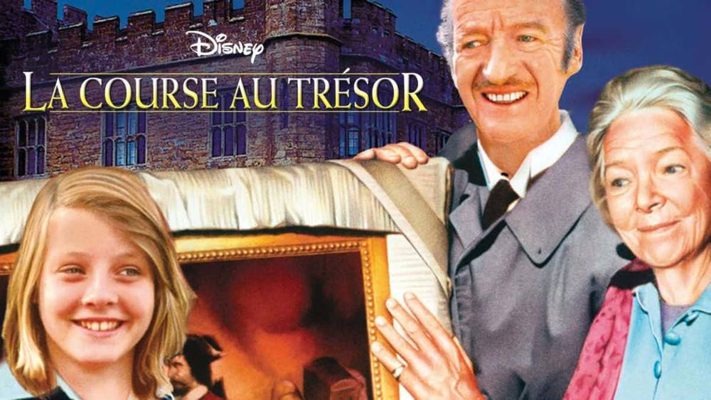 Affiche promotionnelle de "La Course au Trésor" mettant en scène une jeune fille souriante, un homme âgé et une femme près d'un château, avec l'image d'un tableau tenu par la jeune fille