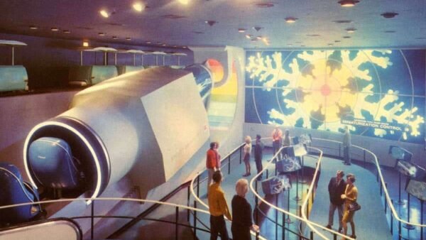 Une exposition spatiale rétro-futuriste présentant le thème « Adventure Thru Inner Space », un grand modèle de vaisseau spatial, des personnes observant des écrans interactifs, un éclairage coloré et un graphique central lumineux en arrière-plan.