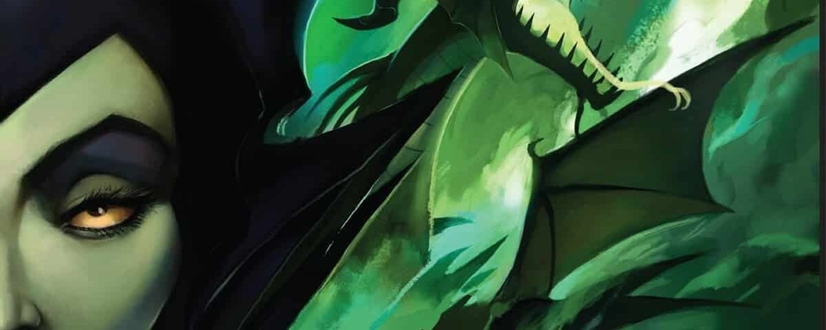 Couverture du livre "maîtresse de tous les maux" de Serena Valentino, présentant un portrait stylisé de Maléfique avec un dragon vert en arrière-plan, vibrant dans des tons sombres de