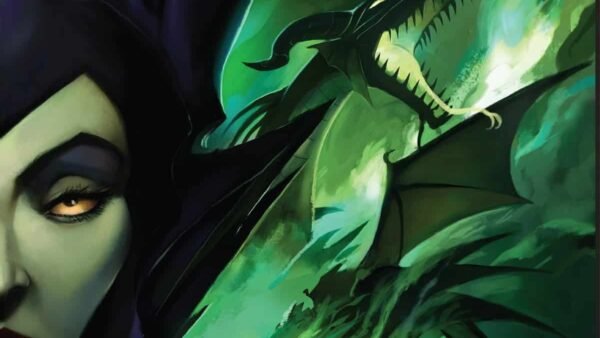 Couverture du livre "maîtresse de tous les maux" de Serena Valentino, présentant un portrait stylisé de Maléfique avec un dragon vert en arrière-plan, vibrant dans des tons sombres de