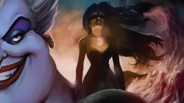 Couverture du livre "Pauvre Âme en Perdition" de Serena Valentino mettant en vedette Ursula de Disney au premier plan avec une représentation dramatique d'une sirène enveloppée dans
