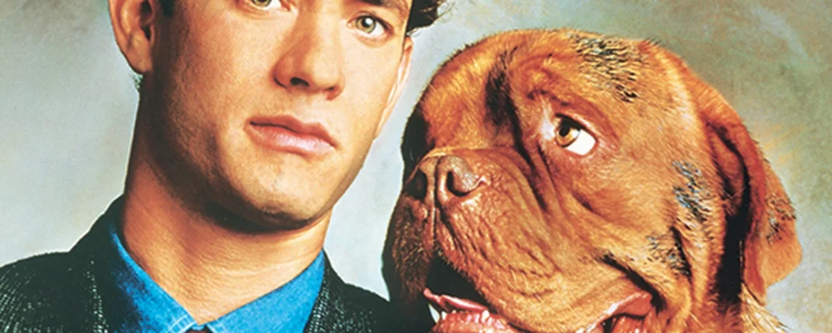 Un homme en costume-cravate debout à côté d'un gros chien brun rappelant Turner et Hooch, tous deux regardant vers la caméra, exprimant un air quelque peu perplexe.