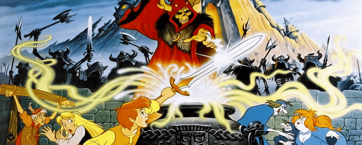 Une scène animée vibrante de "Taram et le Chaudron Magique" montrant un groupe de personnages affrontant un méchant brandissant la magie. Des épées, des dragons et une énergie mystique tourbillonnent autour d'eux.