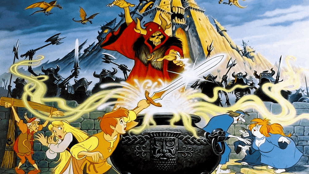 Une scène animée vibrante de "Taram et le Chaudron Magique" montrant un groupe de personnages affrontant un méchant brandissant la magie. Des épées, des dragons et une énergie mystique tourbillonnent autour d'eux.